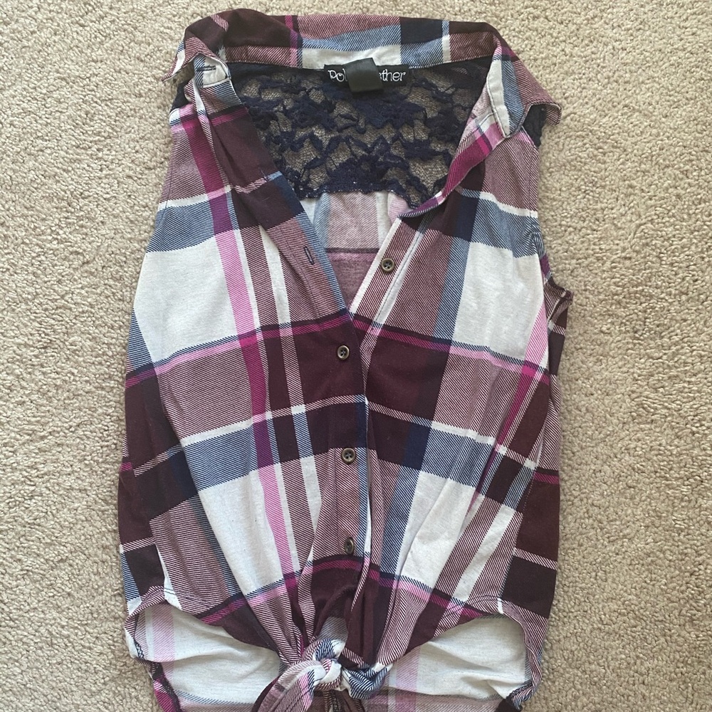 Tie front flannel sleeveless top